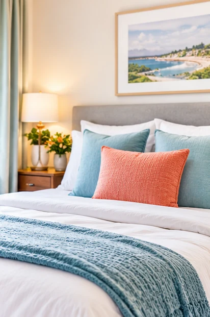 Soft blue and coral bedding on a made bed