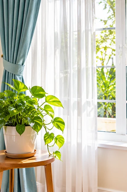 Airy white curtains and blue drapes beside a bright window
