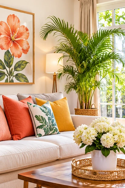 Cozy, sunlit living room with plants, colorful pillows, and natural wood