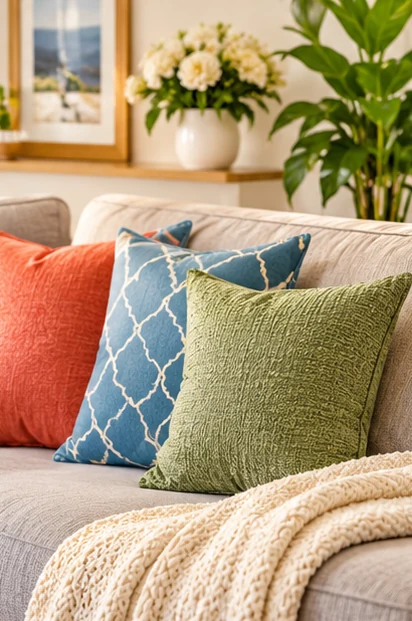Decorative blue, green, and coral throw pillows on a sofa