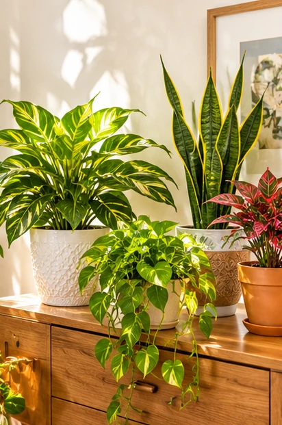 Beautiful variety of indoor plants in ceramic and terracotta pots