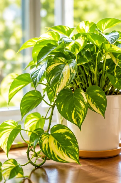 Healthy green houseplant glowing beside a sunny window